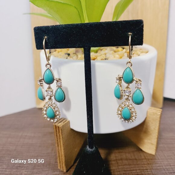 Unknown Brand Turquoise and Gold Tone Dangle Drop Earrings Pre-Owned Ladies - Picture 2 of 4